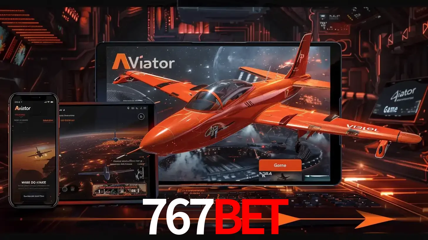 Apresentação tecnológica do jogo Aviator com um avião saindo da tela de um tablet, demonstrando a experiência imersiva em múltiplos dispositivos no 767bet.