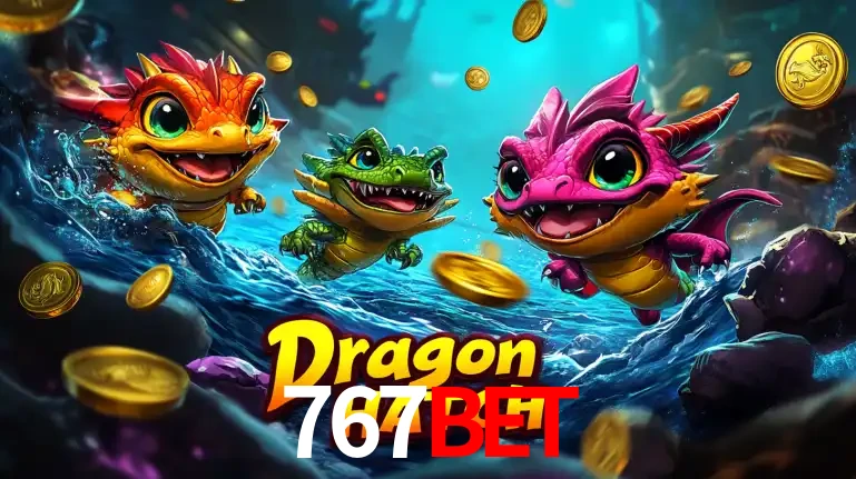 Arte promocional do jogo Dragon Hatch com três adoráveis dragões bebês nadando entre moedas de ouro, um dos slots mais divertidos para jogar no cassino 767bet.