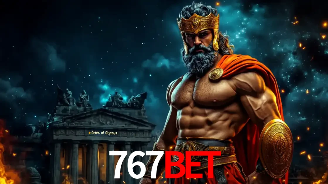 O poderoso Zeus do jogo de slot Gates of Olympus em frente ao seu templo, pronto para lançar multiplicadores divinos e prêmios épicos no cassino online 767bet.