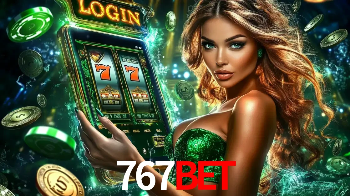 Mulher com tema verde apresentando o aplicativo do cassino 767bet com um jogo de slot de 777, cercada por fichas de cassino e uma aura de sorte.