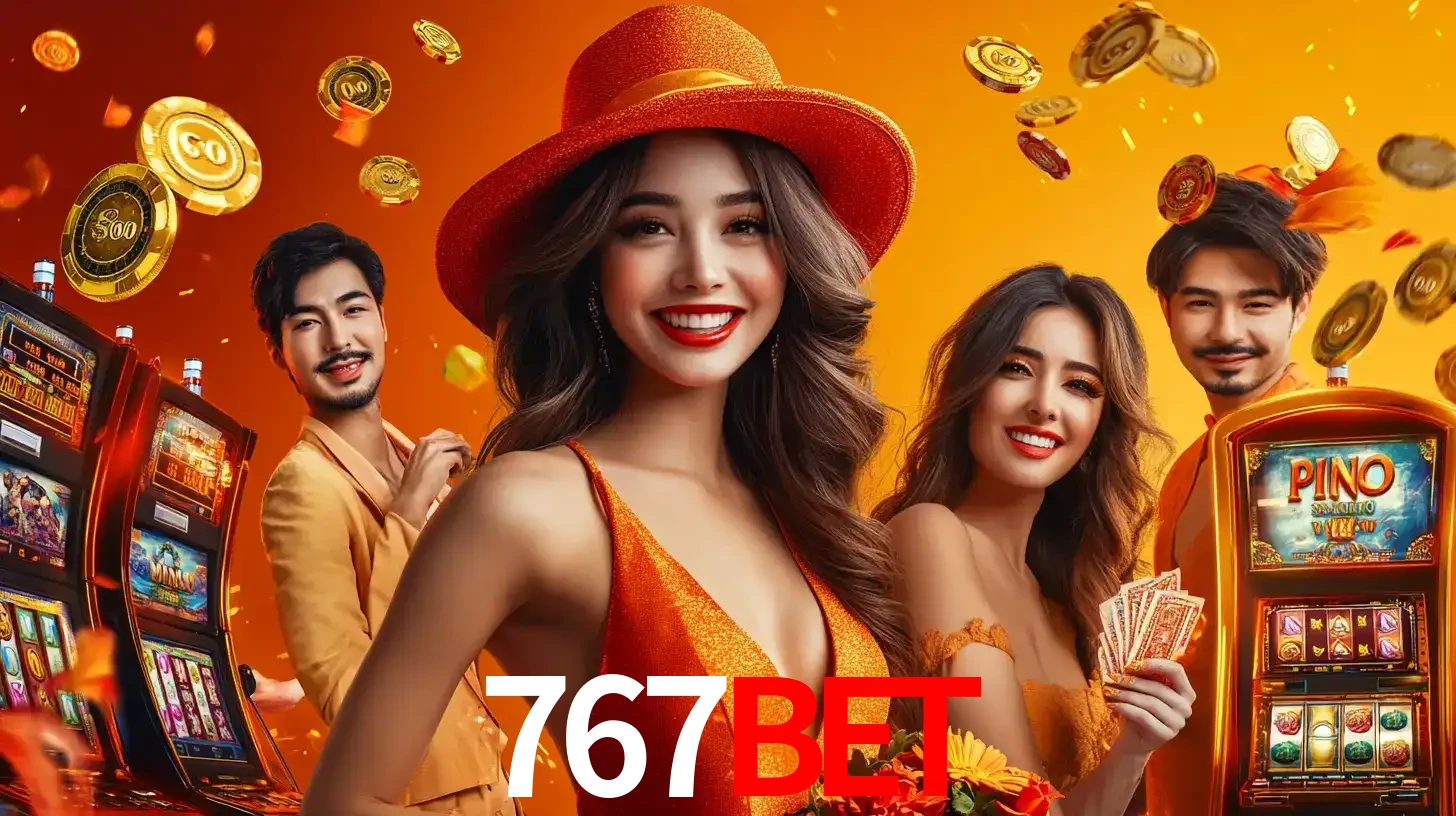 Grupo de amigos asiáticos sorrindo e se divertindo com máquinas de caça-níqueis em um ambiente festivo, celebrando suas vitórias nos jogos de cassino do 767bet.