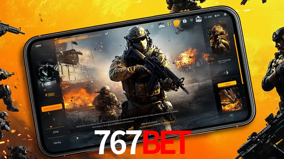 Um smartphone exibindo a interface de um jogo de tiro em primeira pessoa, com um soldado em um cenário de batalha, representando a ação dos e-sports para apostar no 767bet.