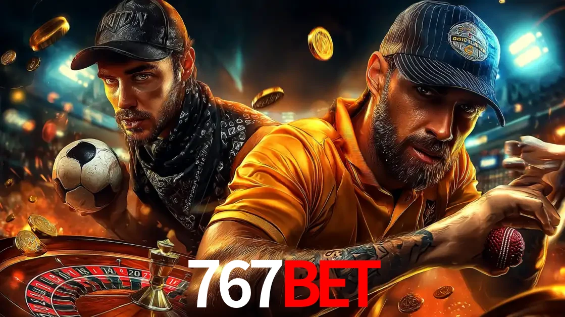 Montagem de apostas esportivas e cassino no 767bet, com um homem segurando uma bola de futebol e outro uma de beisebol sobre uma roleta e moedas voadoras.