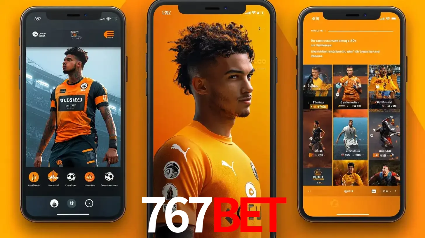 Interface do aplicativo de apostas esportivas 767bet em três telas de celular, mostrando o perfil de um jogador de futebol e a lista de jogos disponíveis para apostar.