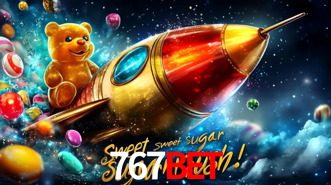 Arte promocional do jogo de slot Sugar Rush, com um urso de pelúcia em um foguete viajando pelo espaço de doces, um dos jogos divertidos disponíveis no cassino 767bet.