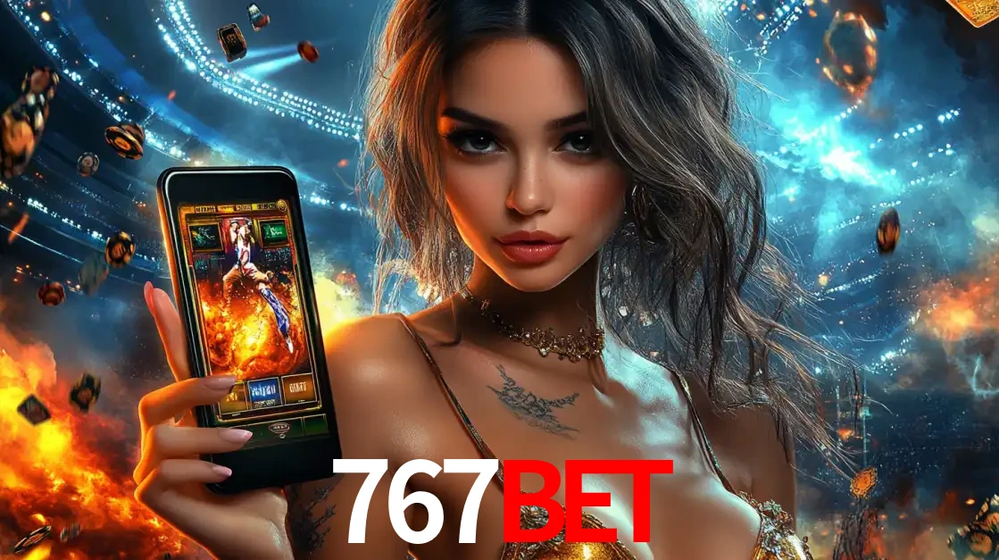 Mulher segurando um celular com um jogo de slot em destaque, tendo como fundo um estádio vibrante, simbolizando a emoção de jogar no cassino móvel 767bet.