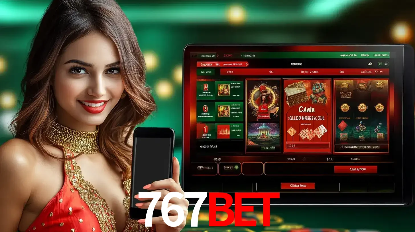 Mulher sorridente segurando um smartphone, ao lado de uma tela exibindo o lobby de jogos do cassino online 767bet, com várias opções de jogos de cartas e slots.